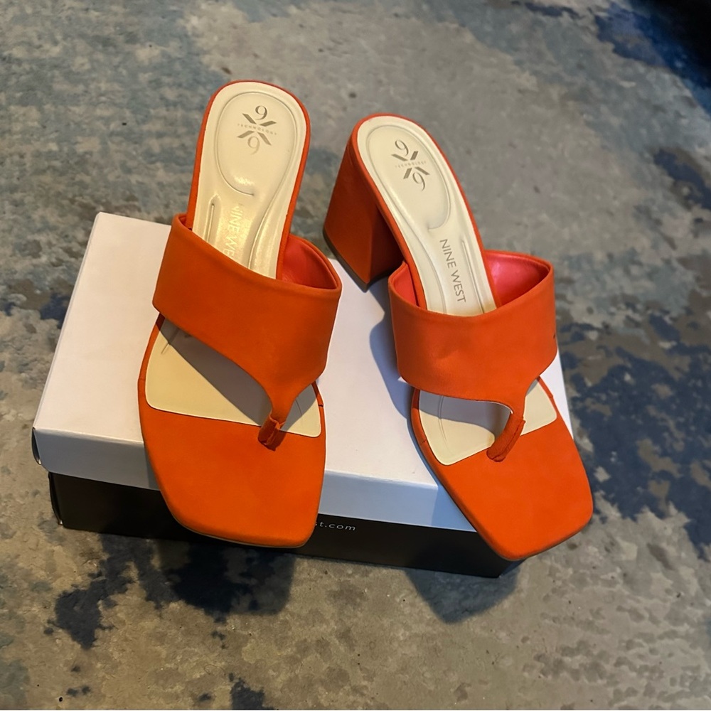 Nine West Vibrant Orange Block Heel Mules